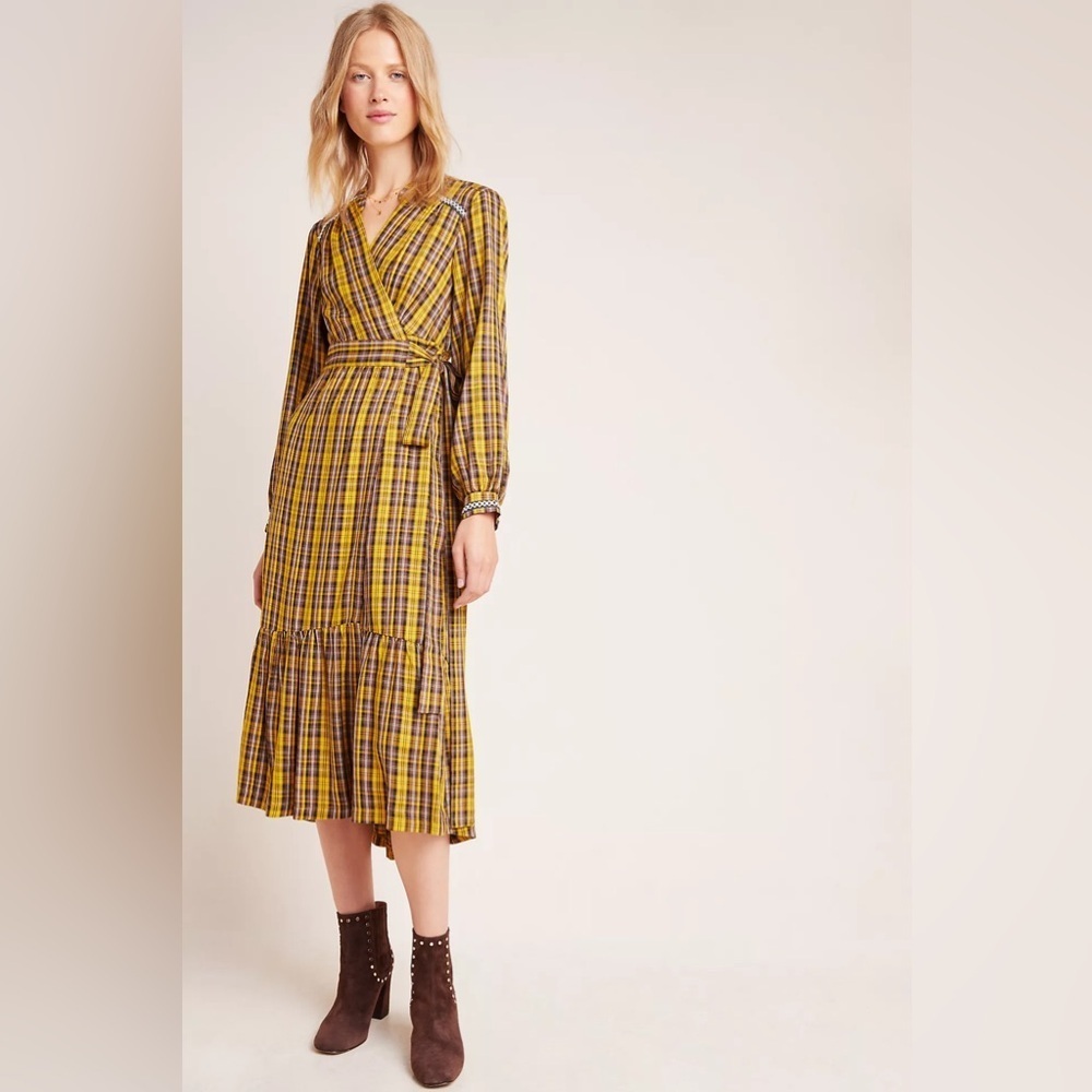 Anthropologie Yellow & Brown Plaid Wrap Midi Dress Size S